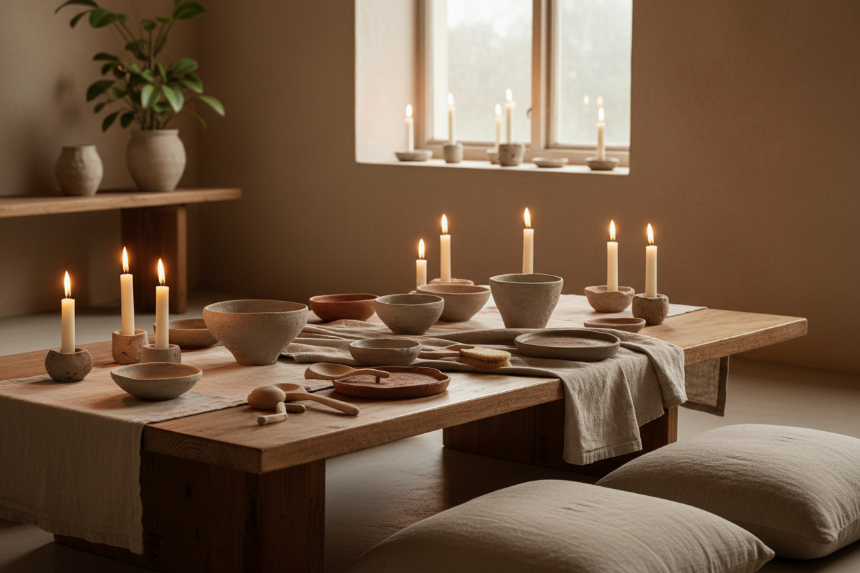 A quiet, ritual-inspired interior scene with warm candlelight, handmade ceramic dishes, natural wood tools, and soft linen textures. Neutral earthy tones with a calm, grounding atmosphere. Minimalist slow-living aesthetic, soft natural light, gentle shadows,